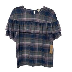 NWT Cremieux Kiera Blouse Dusty Lilac Navy Mountain Breeze Ruffle Plaid Small